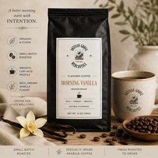 Artisan Grove French Vanilla Coffee in premium black resealable bag with creamy vanilla medium roast specialty Arabica coffee.