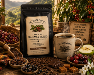 Artisan Grove African Khawa Blend served in a handcrafted ceramic mug with dark chocolate, cherries, raisins, green apple slices, coffee cherries, and roasted beans on a rustic wooden table.