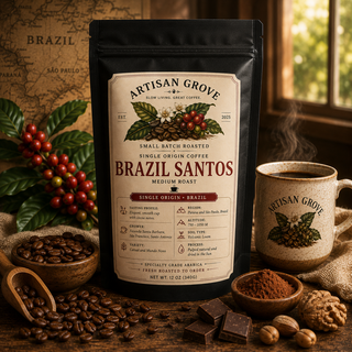 Artisan Grove Brazil Santos Single Origin Coffee with cocoa, roasted coffee beans, walnuts, and a steaming mug on a rustic wooden table in warm natural light.