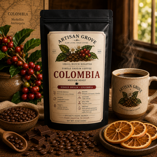 Artisan Grove Colombia Single Origin Coffee displayed in a premium black coffee bag with fresh coffee cherries, dried orange slices, dark chocolate pieces, roasted coffee beans, and a steaming ceramic mug on a rustic wooden table in warm natural light.
