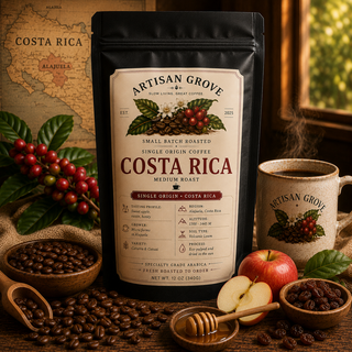 Artisan Grove Costa Rica Single Origin Coffee with apples, raisins, honey, roasted coffee beans, and a steaming mug on a rustic wooden table.