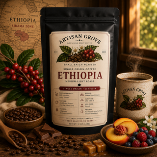 Artisan Grove Ethiopia Single Origin Coffee with milk chocolate, caramel, fresh fruit, coffee cherries, and a steaming mug on a rustic wooden table.