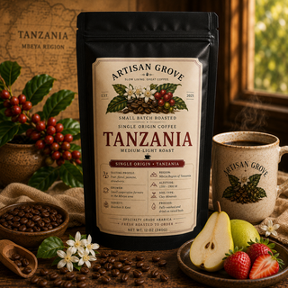Artisan Grove Tanzania Single Origin Coffee with pear, jasmine flowers, strawberries, roasted coffee beans, and a steaming mug on a rustic wooden table.