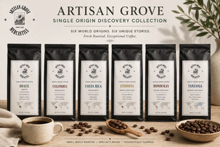Artisan Grove Single Origin Discovery Collection featuring six fresh roasted specialty Arabica coffee sample bags from Brazil, Colombia, Costa Rica, Ethiopia, Honduras, and Tanzania.