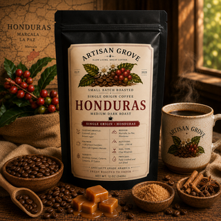 Artisan Grove Honduras Single Origin Coffee with caramel, brown sugar, warm spices, roasted coffee beans, and a steaming mug on a rustic wooden table.