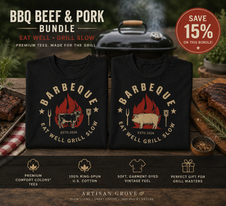 Artisan Grove BBQ Beef & Pork Bundle featuring two black Comfort Colors® graphic T-shirts with vintage beef and pork barbecue designs displayed on a rustic grill table with barbecue food and a Save 15% bundle offer.