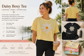 Woman wearing the Artisan Grove Daisy Boxy Tee with black yoga leggings while enjoying an iced coffee outdoors, showcasing the relaxed cropped silhouette and minimalist daisy design.