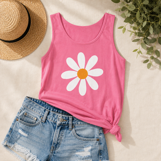Artisan Grove Daisy Flower Tank Top styled with denim shorts and sunglasses for an effortless summer outfit.