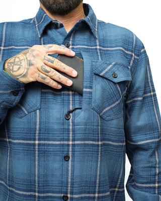 Pale blue plaid cotton flannel shirt with 5 pockets – Artisan Grove fall layering