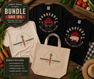 Farmers Market to Grill Bundle by Artisan Grove featuring a Farmers Market graphic tee, Beef BBQ tee, Pork BBQ tee, and matching cotton canvas tote arranged on a rustic wooden table with fresh vegetables.