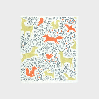 Forest Animals Swedish Dishcloth with foxes, deer, rabbits, squirrels and woodland foliage