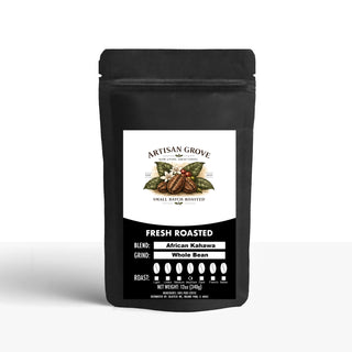 Artisan Grove African Khawa Blend coffee in a matte black bag with a vintage cream label and antique bronze accent.
