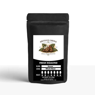 Artisan Grove House Blend medium roast coffee in a matte black bag with a vintage cream label and antique bronze accent.