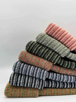 Patented H Stitch Contrast Cuffed Beanie, Burgundy and Green