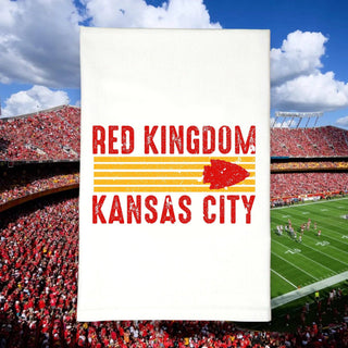 Red Kingdom Kansas City Chiefs tea towel displayed at a football stadium