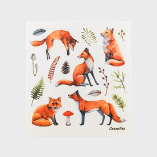Woodland Fox Swedish Dishcloth featuring illustrated foxes and nature-inspired foliage