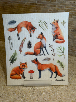Reusable Fox Swedish Dishcloth displayed in a cozy nature-inspired kitchen