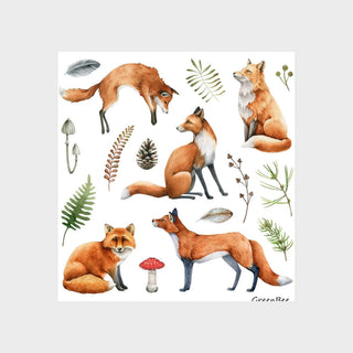 Close-up of whimsical fox and foliage illustrations on the Woodland Fox Swedish Dishcloth