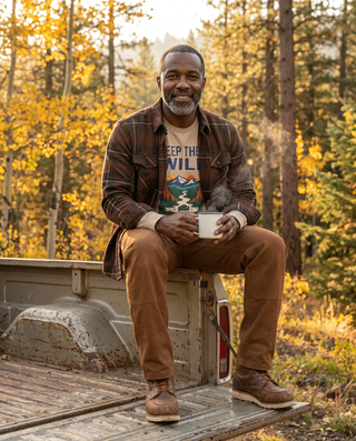 Man wearing the burnt brown plaid flannel open over a Keep Them Wild long sleeve tee with tobacco double knee canvas pants at a fall campsite – Artisan Grove fall layering