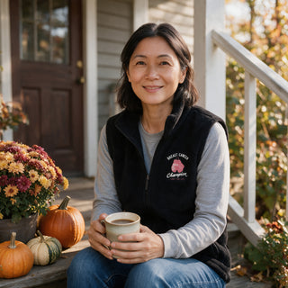 Woman with coffee on autumn porch steps wearing the black Breast Cancer Champion reversible fleece vest over a gray long-sleeve tee