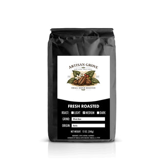 Artisan Grove Mocha Coffee in a premium black coffee bag featuring medium roast coffee with rich chocolate flavor.
