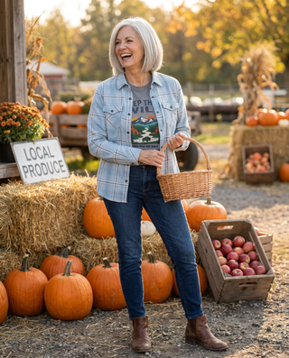 Woman wearing the pale blue plaid flannel open over a Keep Them Wild tee at a fall farm stand – Artisan Grove fall layering