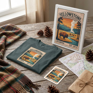 Yellowstone Park Lover Gift Set with bison tee, stamp sticker and canvas print on a rustic wood table