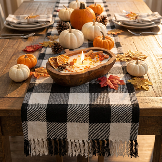Fall table centerpiece with pumpkin dough bowl candle on a buffalo check table runner