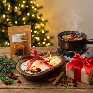 Christmas Morning Gift Set with dough bowl candle and simmering stovetop potpourri by the tree