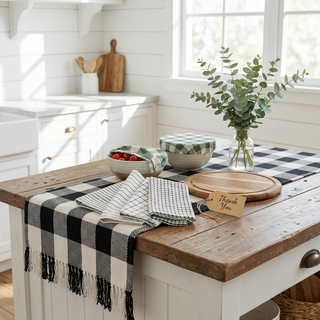Farmhouse Kitchen Hostess Gift Set with buffalo check runner, kitchen towels and linen bowl covers