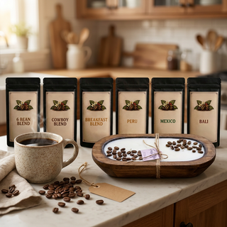 Slow Morning Coffee Gift Set with Best Sellers coffee sample bags and a dough bowl coffee candle on a farmhouse counter
