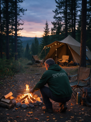 Man tending a campfire at dusk in a forest green Outsider hoodie with the pine tree logo on the back